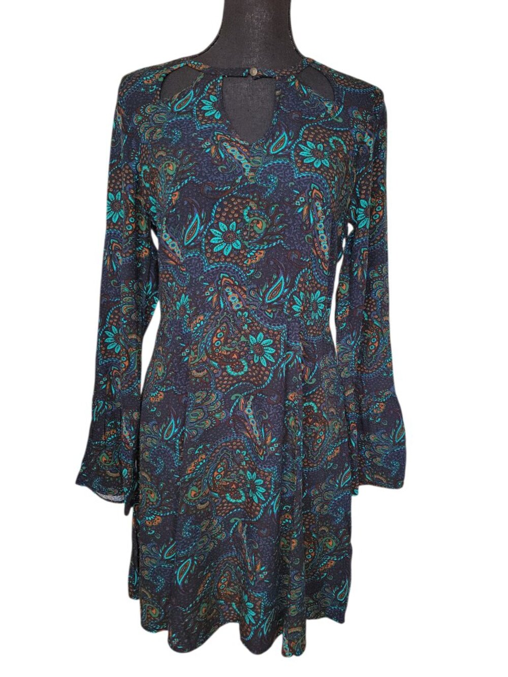 American Eagle NWT Teal Paisley Long Sleeve Mini A-Line Dress Women's Size M